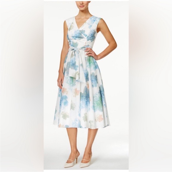 Women's Blue Floral-print Sleeveless Dress Calvin Klein size 8 - Picture 2 of 8